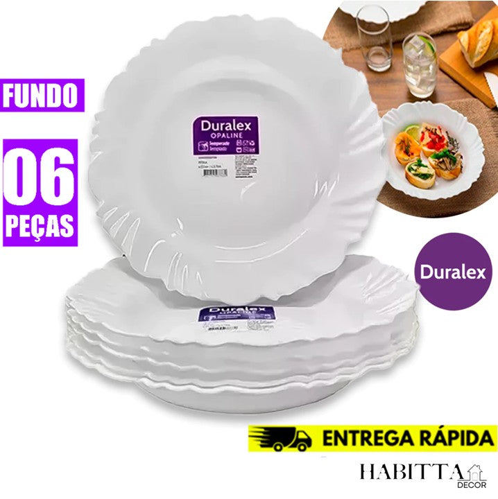 Conjunto de Pratos Duralex Opaline Pétala Fundo 23.5cm Vidro Branco