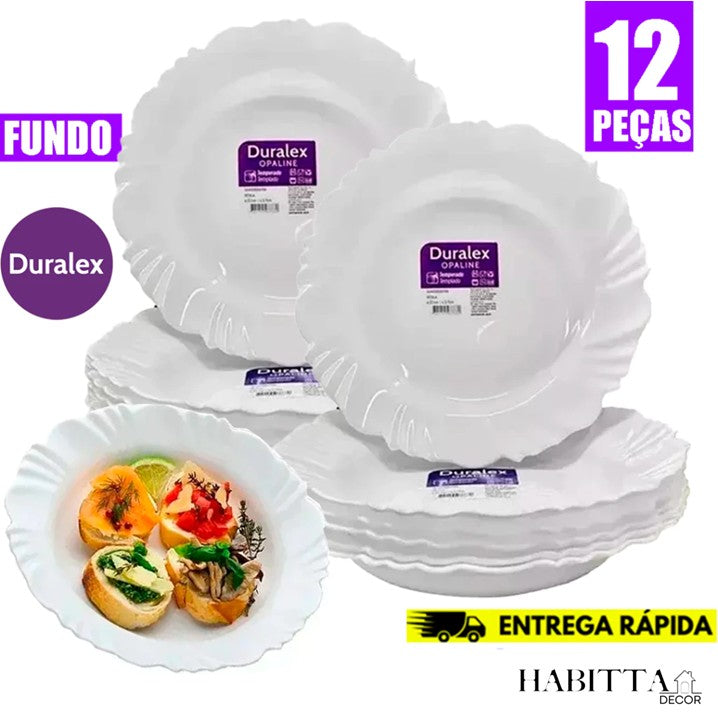 Conjunto de Pratos Duralex Opaline Pétala Fundo 23.5cm Vidro Branco