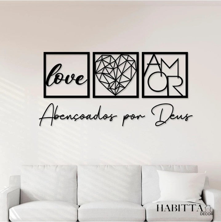Kit com 3 Quadros Decorativos + Frase Abençoados por Deus em MDF