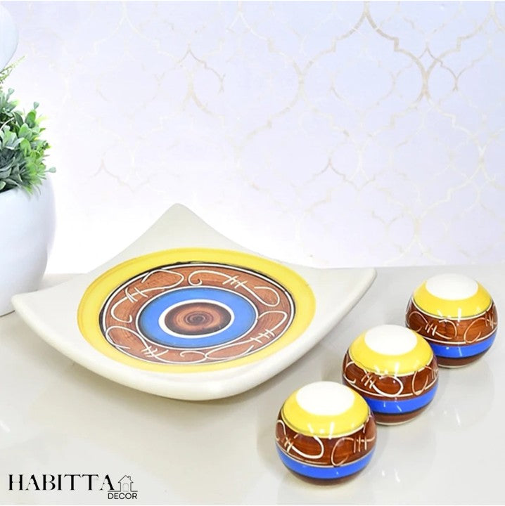 Centro Mesa de Cerâmica Decorativo com 3 Bolas de Enfeite - Fruteira, Barca e Garrafa