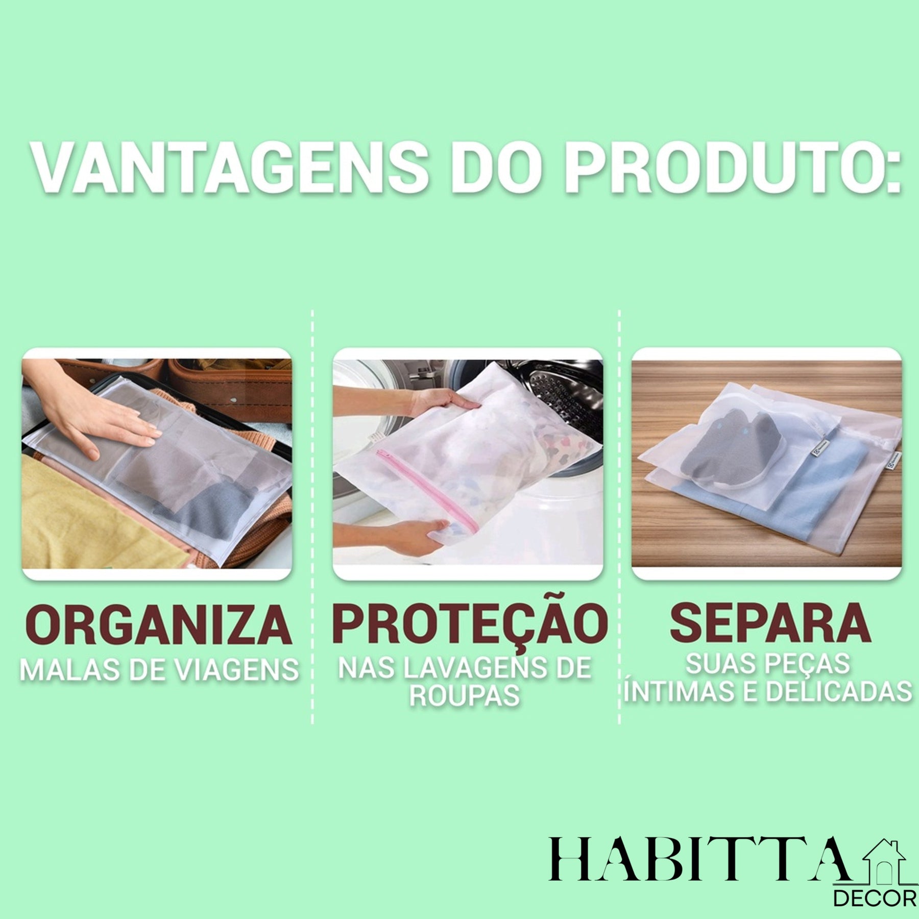 Kit com 3 Sacos - Protetor para Lavar Roupa com Zíper