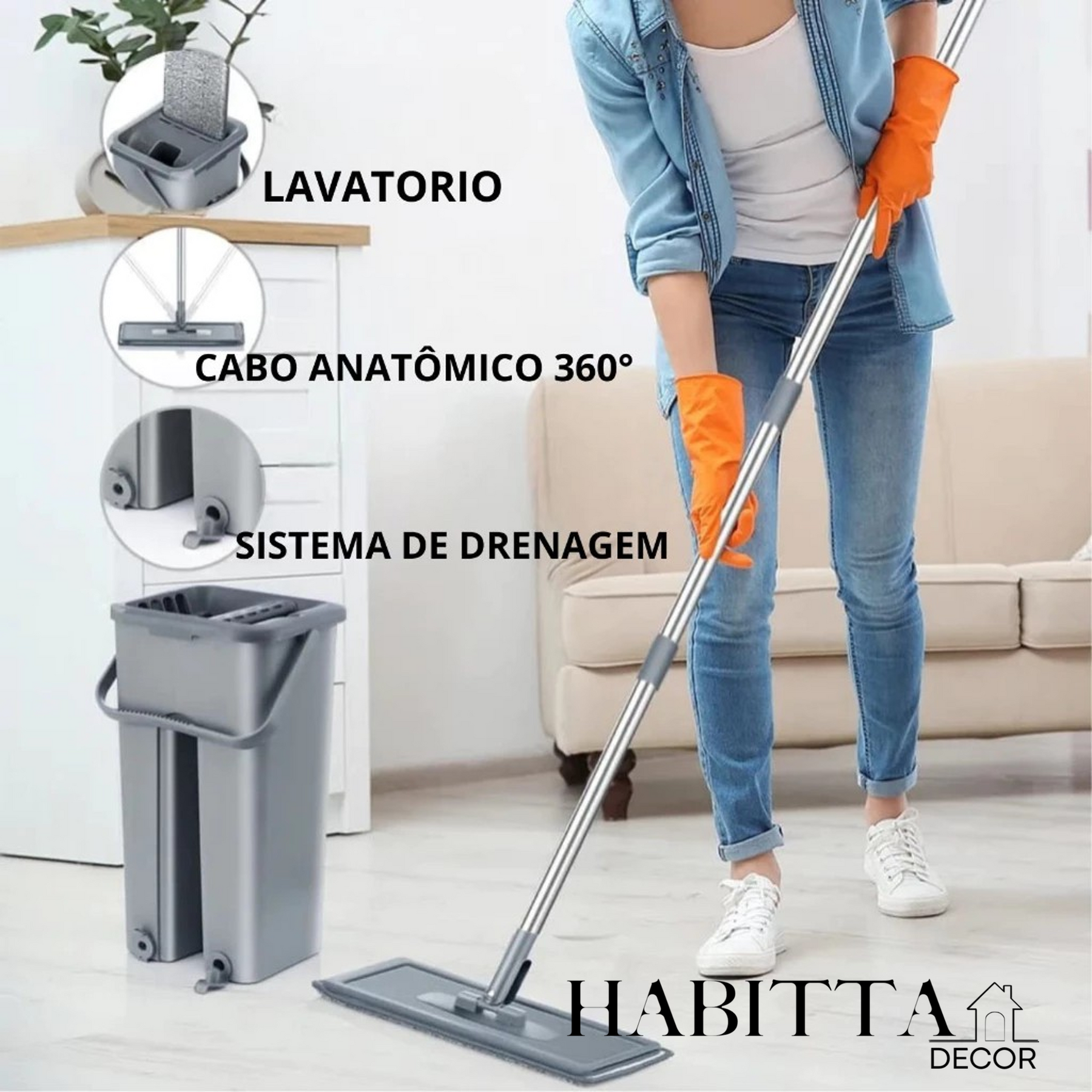 Flat Mop Esfregão WashDry Limpeza a Seco