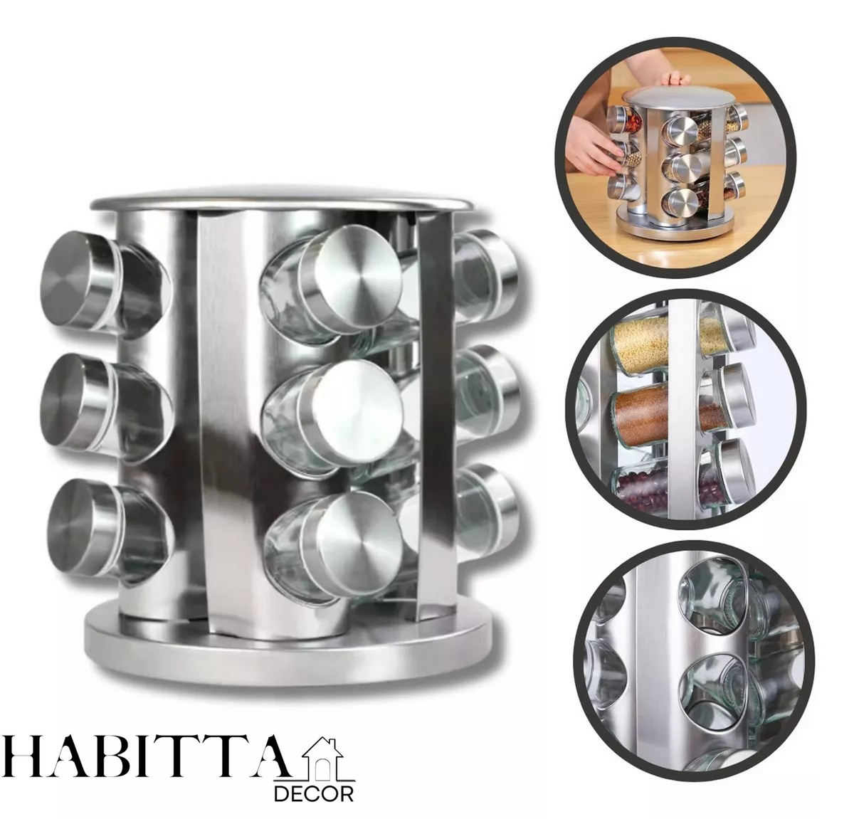 Porta Condimentos e Temperos Giratório com 12 Potes em Aço Inox e Vidro