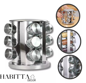 Porta Condimentos e Temperos Giratório com 12 Potes em Aço Inox e Vidro