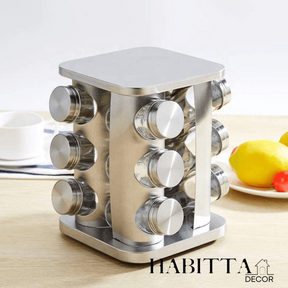 Porta Condimentos e Temperos Giratório com 12 Potes em Aço Inox e Vidro
