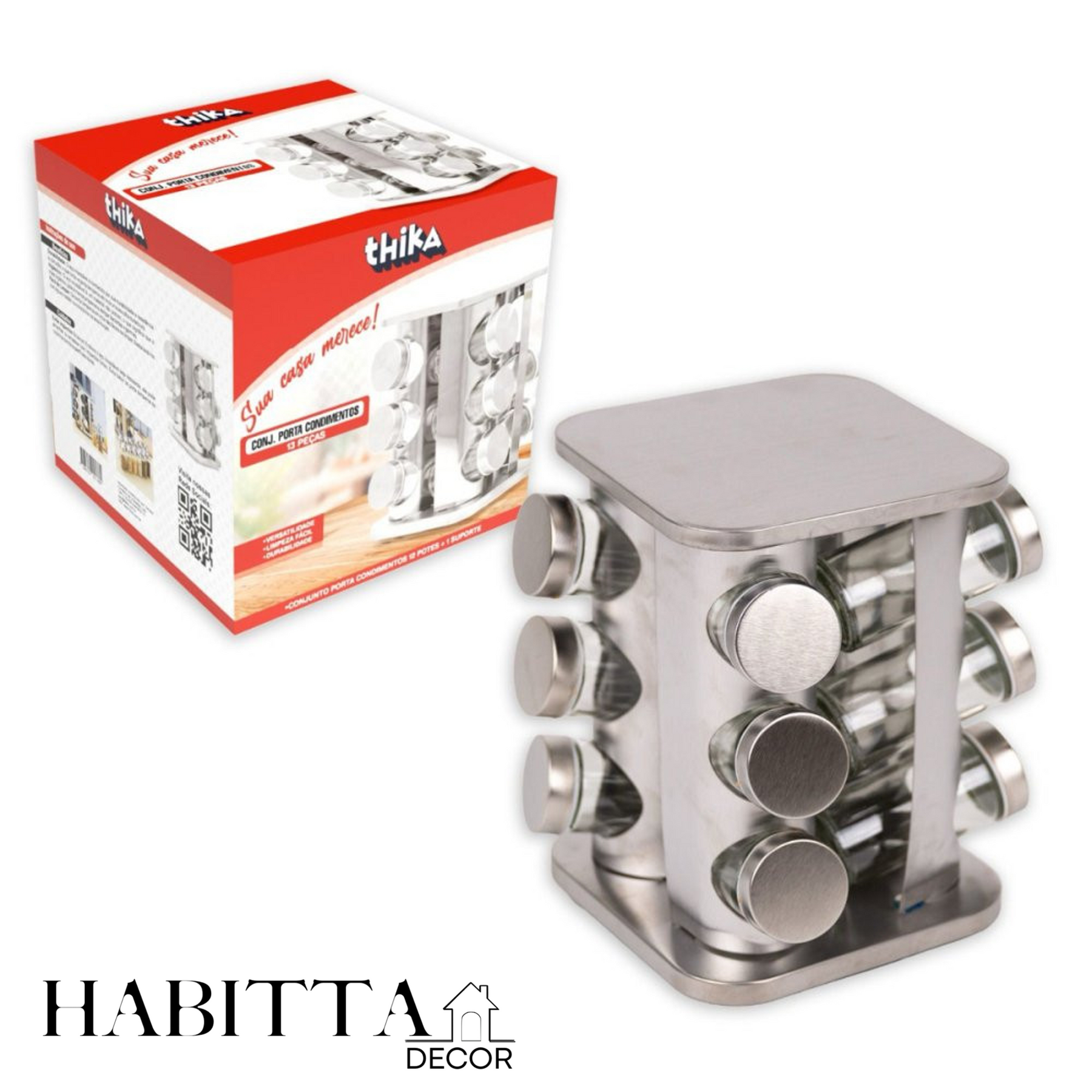 Porta Condimentos e Temperos Giratório com 12 Potes em Aço Inox e Vidro