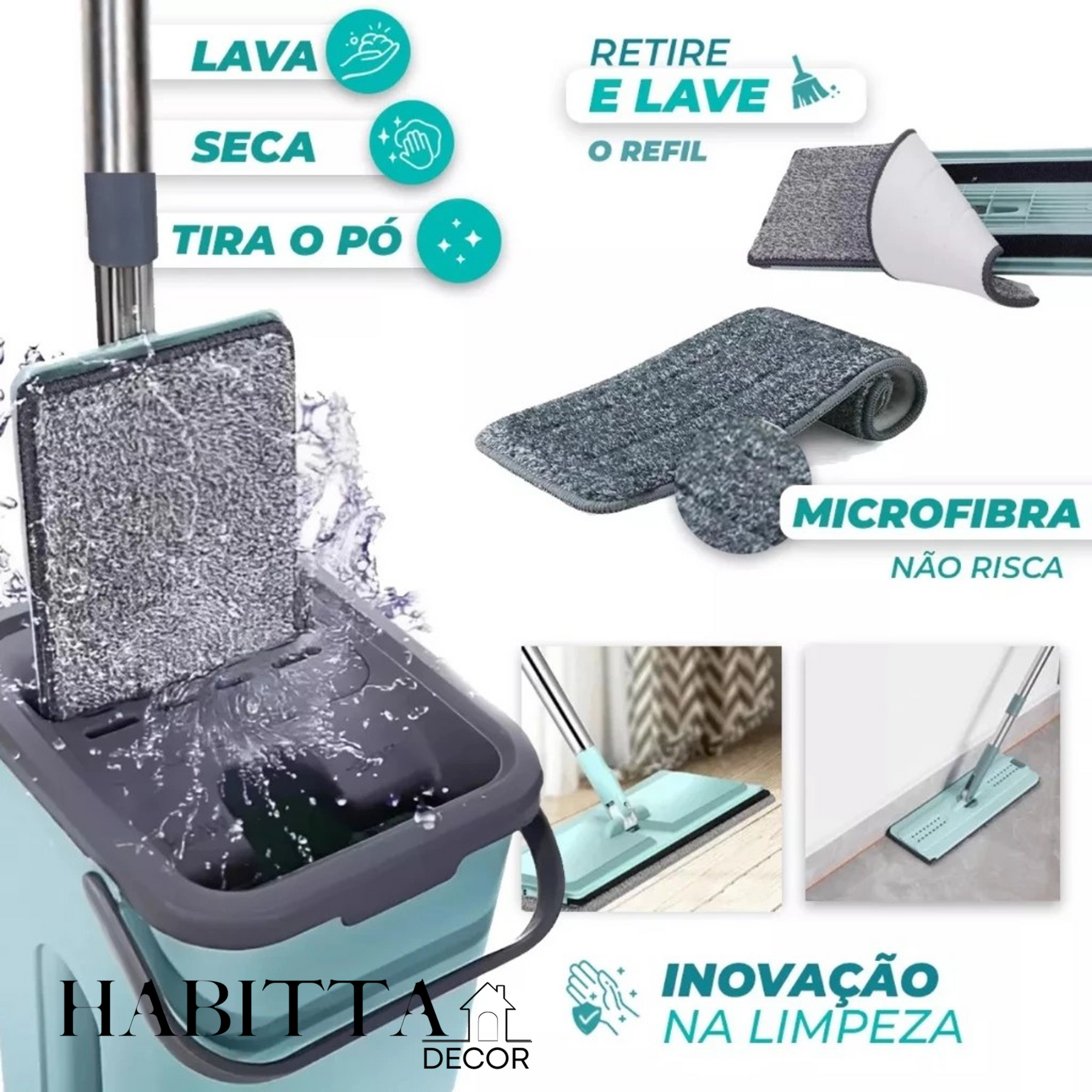 Flat Mop Esfregão WashDry Limpeza a Seco