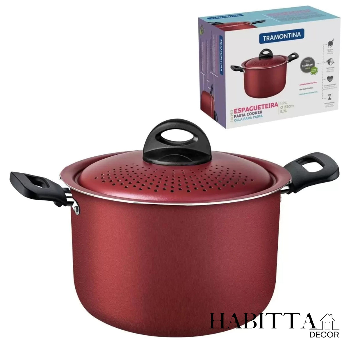 Espagueteira Tramontina Loreto em Alumínio com Revestimento Interno e Externo em Antiaderente Starflon Max Vermelho 22 cm 5,7 L