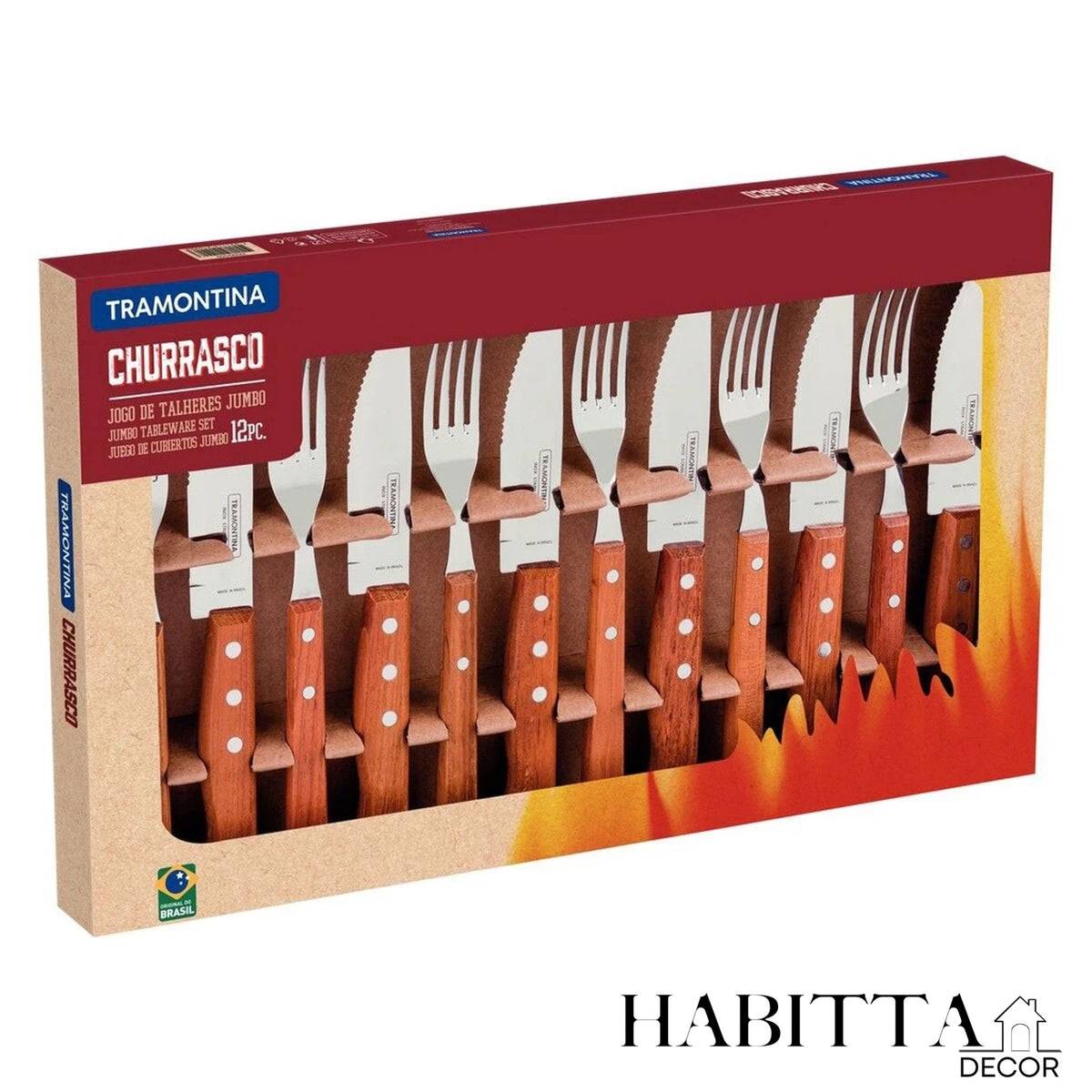Jogo para Churrasco Tramontina Dynamic com Lâminas em Aço Inox e Cabos de Madeira Natural 12 Peças