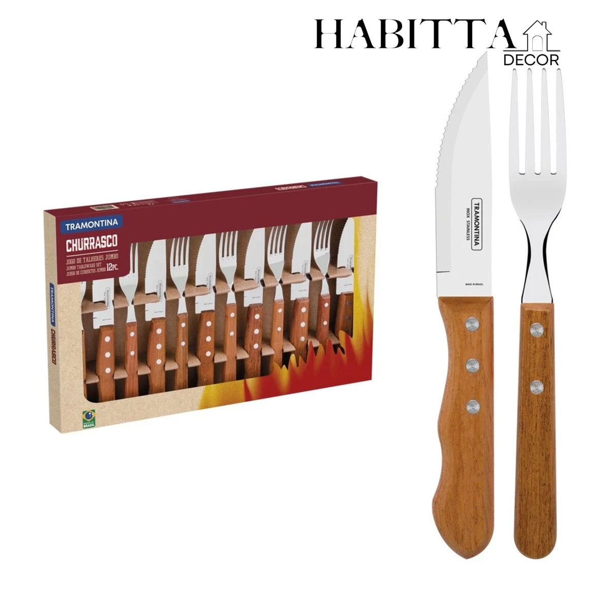 Jogo para Churrasco Tramontina Dynamic com Lâminas em Aço Inox e Cabos de Madeira Natural 12 Peças