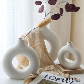 Kit 2 Vasos Nórdicos Modernos Donut Circular de Cerâmica - Branco Fosco