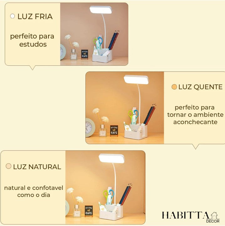 Luminária de Mesa para Estudo LED Recarregável com Porta Canetas