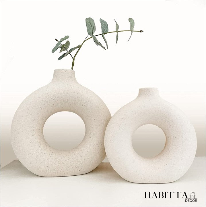 Kit 2 Vasos Nórdicos Modernos Donut Circular de Cerâmica - Branco Fosco
