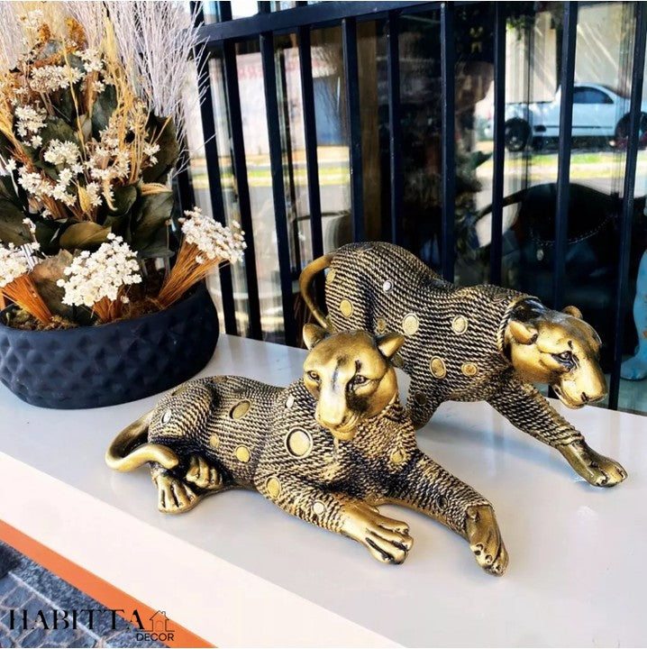 Pantera estilizada grande dourado envelhecido - Casal de leopardos