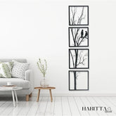 Quadro Vertical de Árvore com Casal de Pássaros 4 Peças em MDF