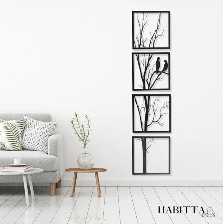 Quadro Vertical de Árvore com Casal de Pássaros 4 Peças em MDF