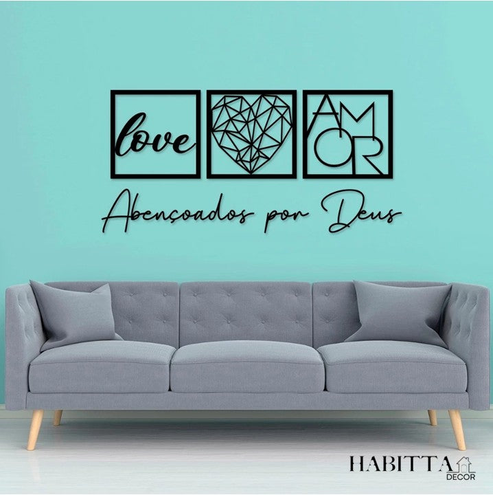 Kit com 3 Quadros Decorativos + Frase Abençoados por Deus em MDF