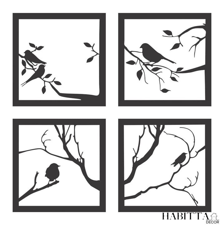 Kit com 4 Quadros Decorativos de Pássaros em MDF Preto Fosco
