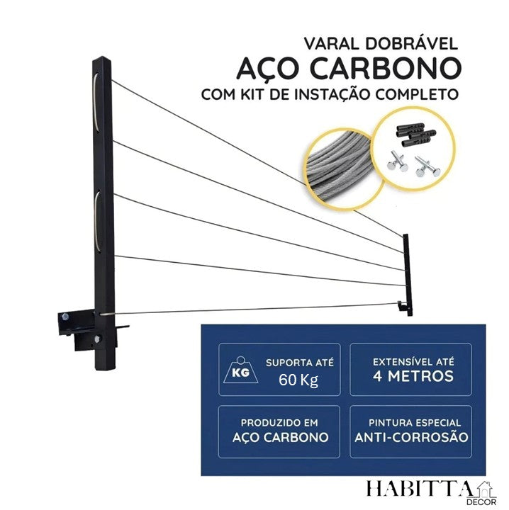 Varal de Parede Retrátil em Aço Dobrável