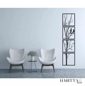 Quadro Vertical de Árvore com Casal de Pássaros 4 Peças em MDF