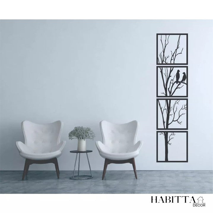 Quadro Vertical de Árvore com Casal de Pássaros 4 Peças em MDF