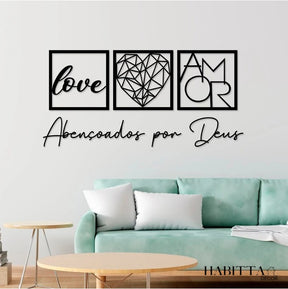 Kit com 3 Quadros Decorativos + Frase Abençoados por Deus em MDF