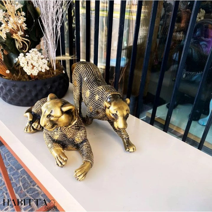 Pantera estilizada grande dourado envelhecido - Casal de leopardos