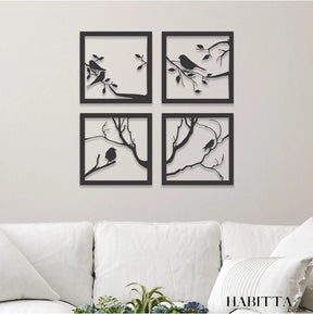 Kit com 4 Quadros Decorativos de Pássaros em MDF Preto Fosco