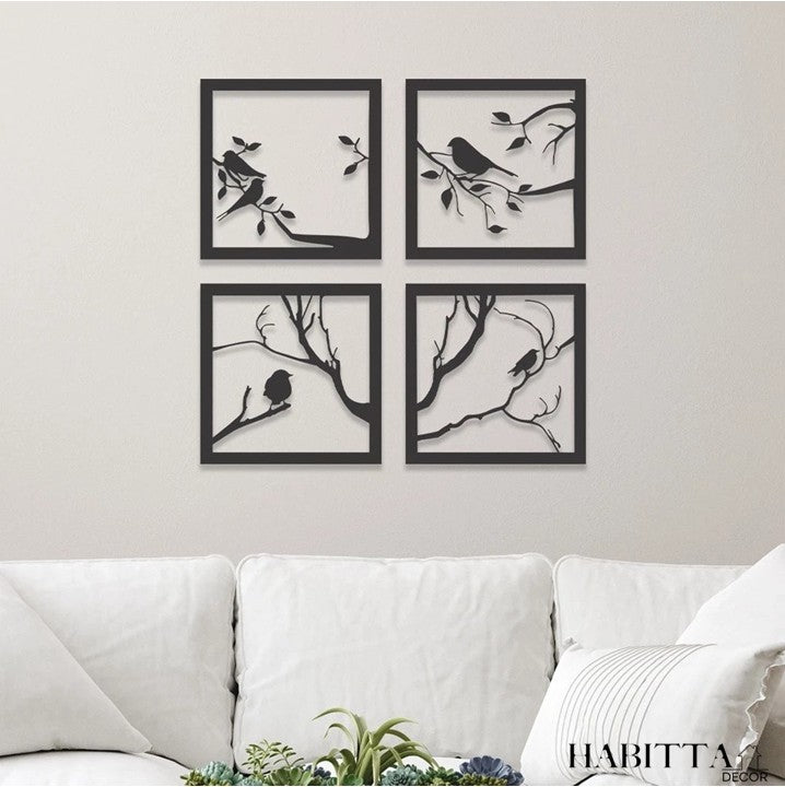 Kit com 4 Quadros Decorativos de Pássaros em MDF Preto Fosco