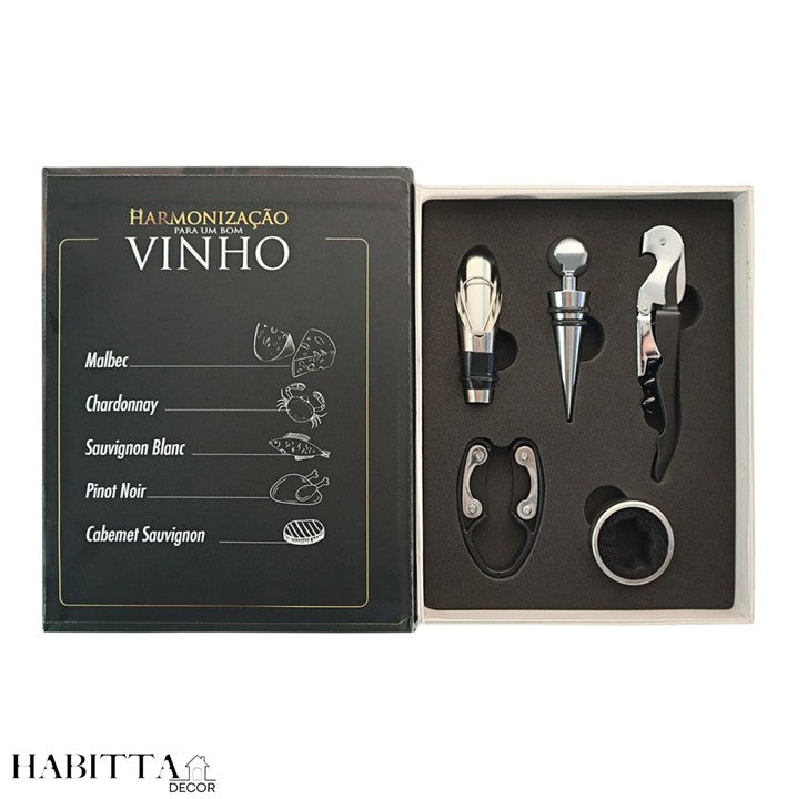Kit Vinho Abridor Dosador Saca Rolhas Tampa Livro - 05 Peças
