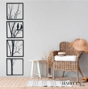 Quadro Vertical de Árvore com Casal de Pássaros 4 Peças em MDF