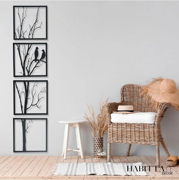 Quadro Vertical de Árvore com Casal de Pássaros 4 Peças em MDF