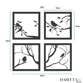 Kit com 4 Quadros Decorativos de Pássaros em MDF Preto Fosco