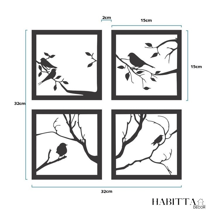 Kit com 4 Quadros Decorativos de Pássaros em MDF Preto Fosco