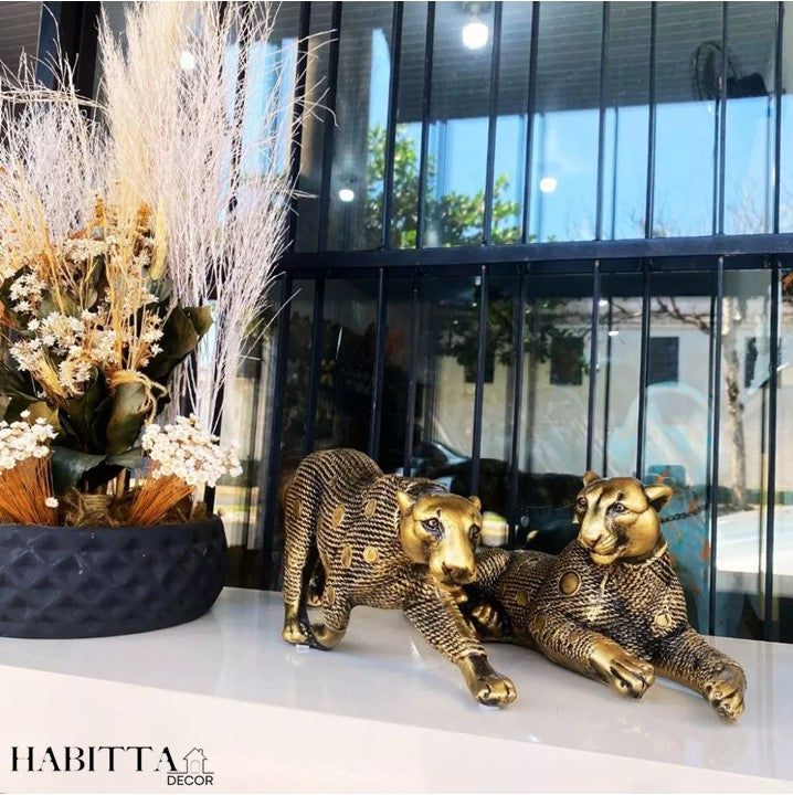 Pantera estilizada grande dourado envelhecido - Casal de leopardos