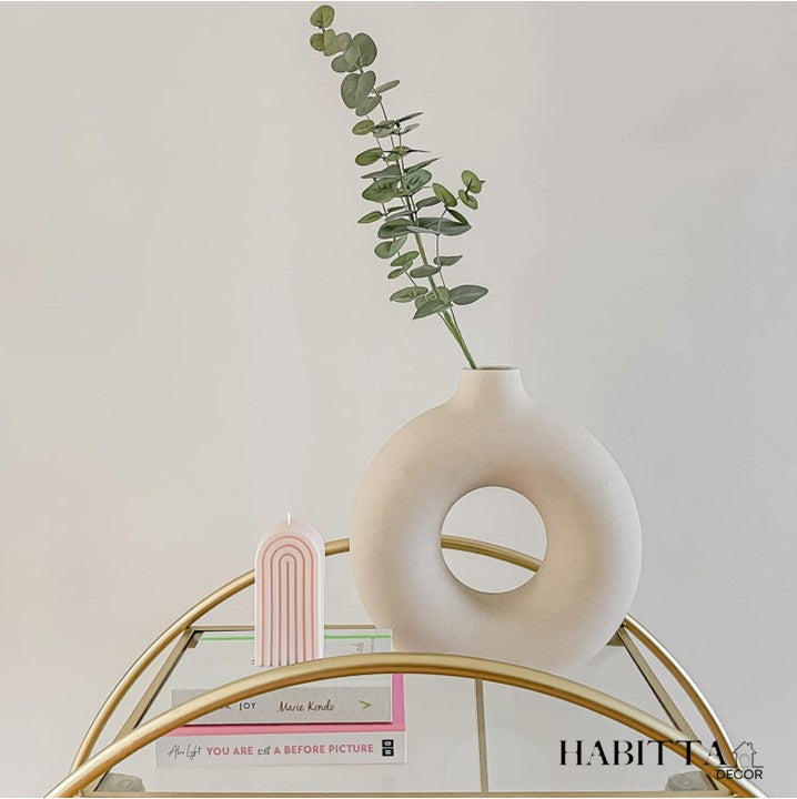 Kit 2 Vasos Nórdicos Modernos Donut Circular de Cerâmica - Branco Fosco