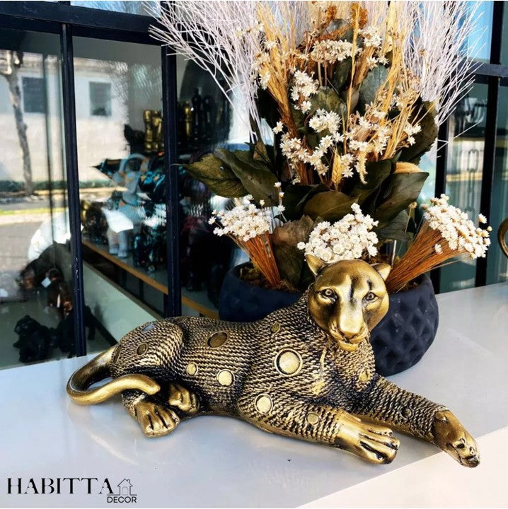 Pantera estilizada grande dourado envelhecido - Casal de leopardos