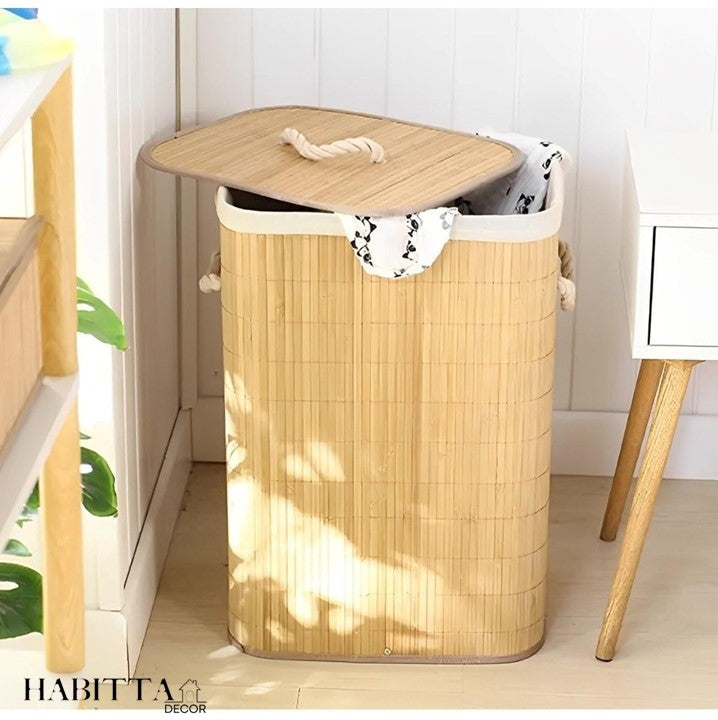 Cesto de Roupa Suja Bambu Dobrável 60cm