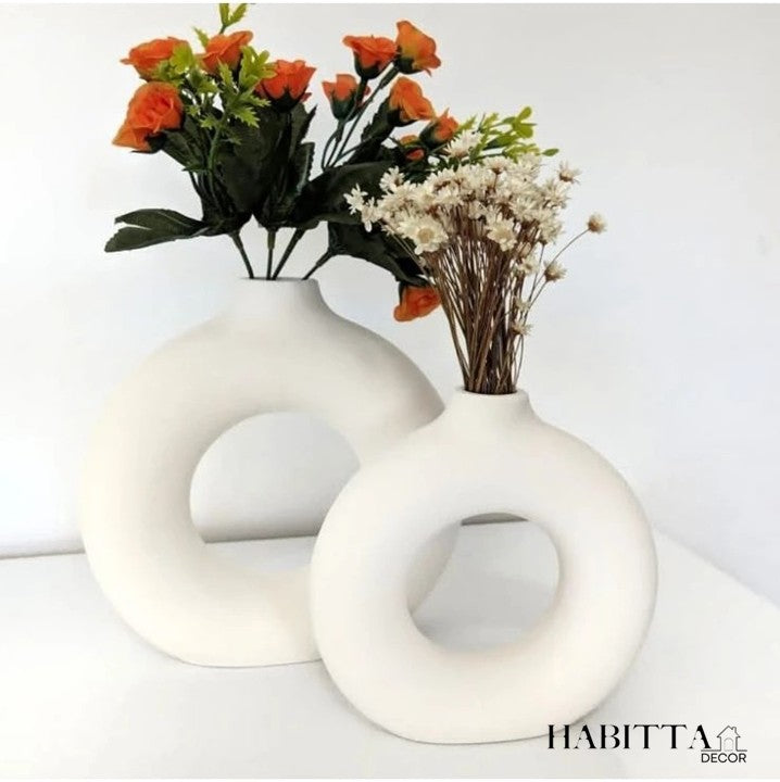 Kit 2 Vasos Nórdicos Modernos Donut Circular de Cerâmica - Branco Fosco
