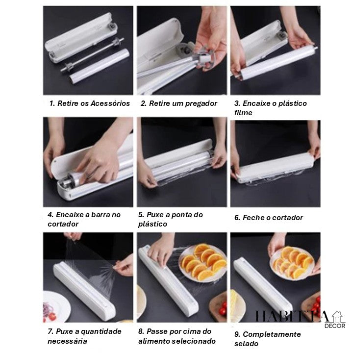 Dispenser e cortador de papel filme PVC