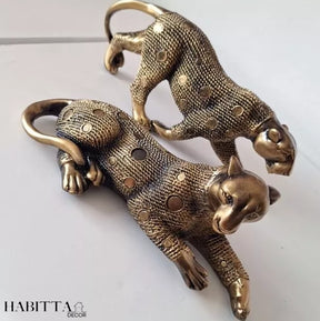 Pantera estilizada grande dourado envelhecido - Casal de leopardos