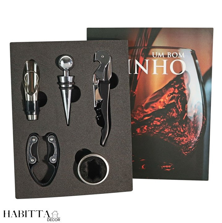 Kit Vinho Abridor Dosador Saca Rolhas Tampa Livro - 05 Peças