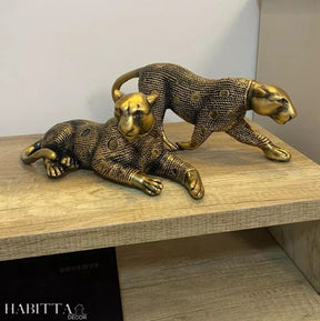 Pantera estilizada grande dourado envelhecido - Casal de leopardos