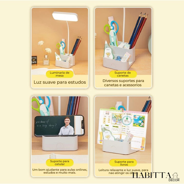 Luminária de Mesa para Estudo LED Recarregável com Porta Canetas