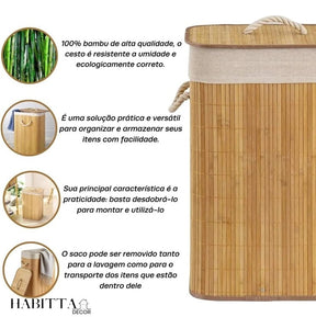 Cesto de Roupa Suja Bambu Dobrável 60cm