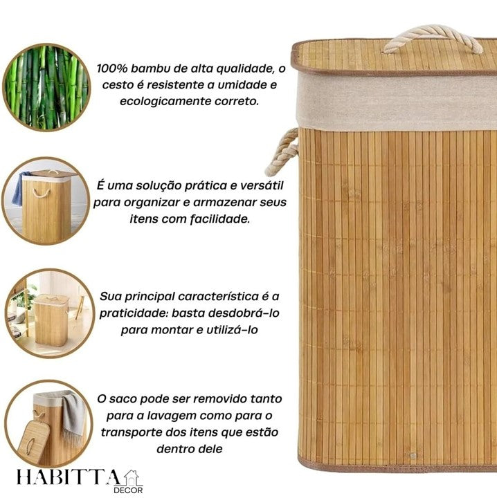 Cesto de Roupa Suja Bambu Dobrável 60cm