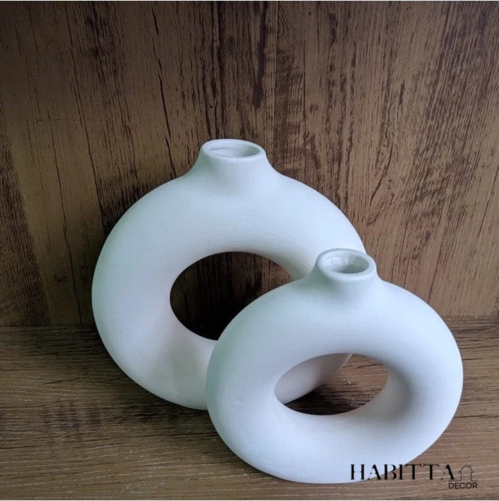 Kit 2 Vasos Nórdicos Modernos Donut Circular de Cerâmica - Branco Fosco