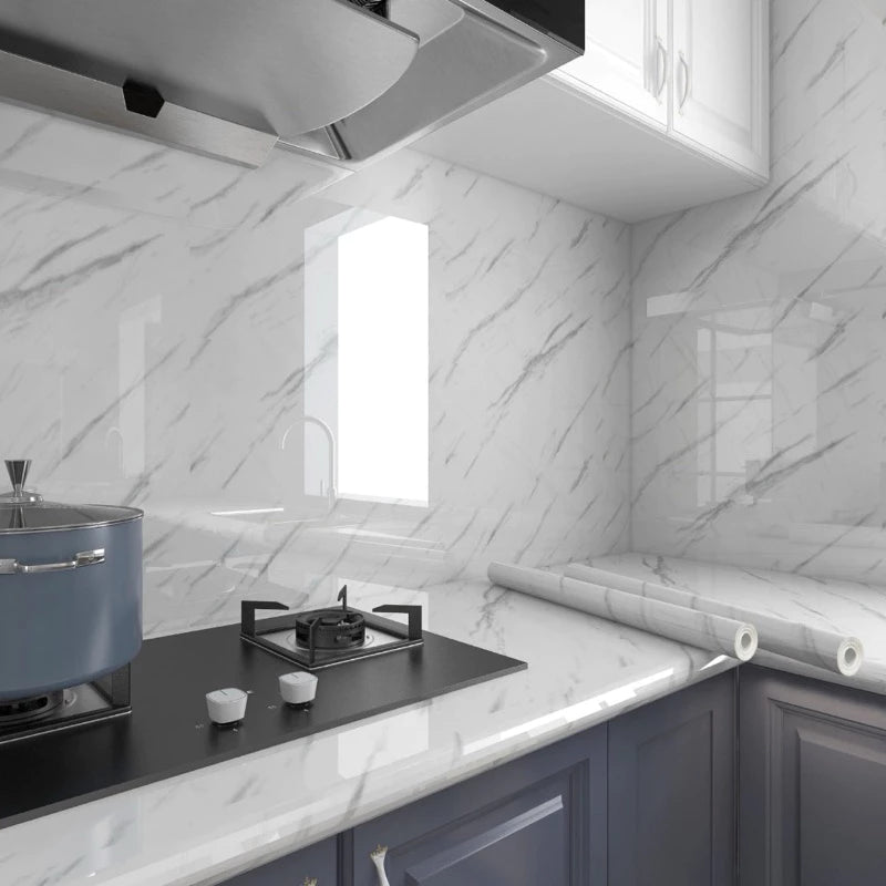 Papel de parede Adesivos para cozinha quarto Brilhante Lavável Mármore gelo 3M x60cm Resistente Agua