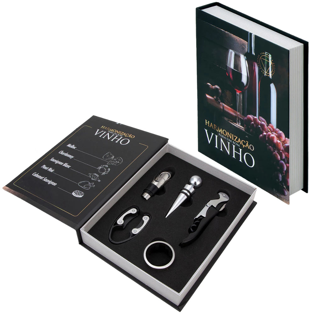 Kit Vinho Abridor Dosador Saca Rolhas Tampa Livro - 05 Peças