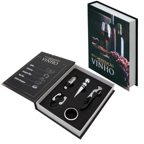 Kit Vinho Abridor Dosador Saca Rolhas Tampa Livro - 05 Peças